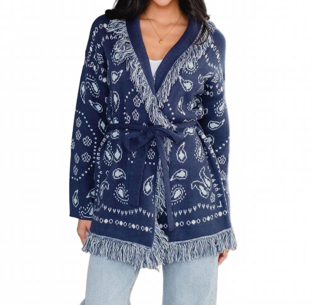NEW PANACHE APPAREL bandana fringe cardigan in blue